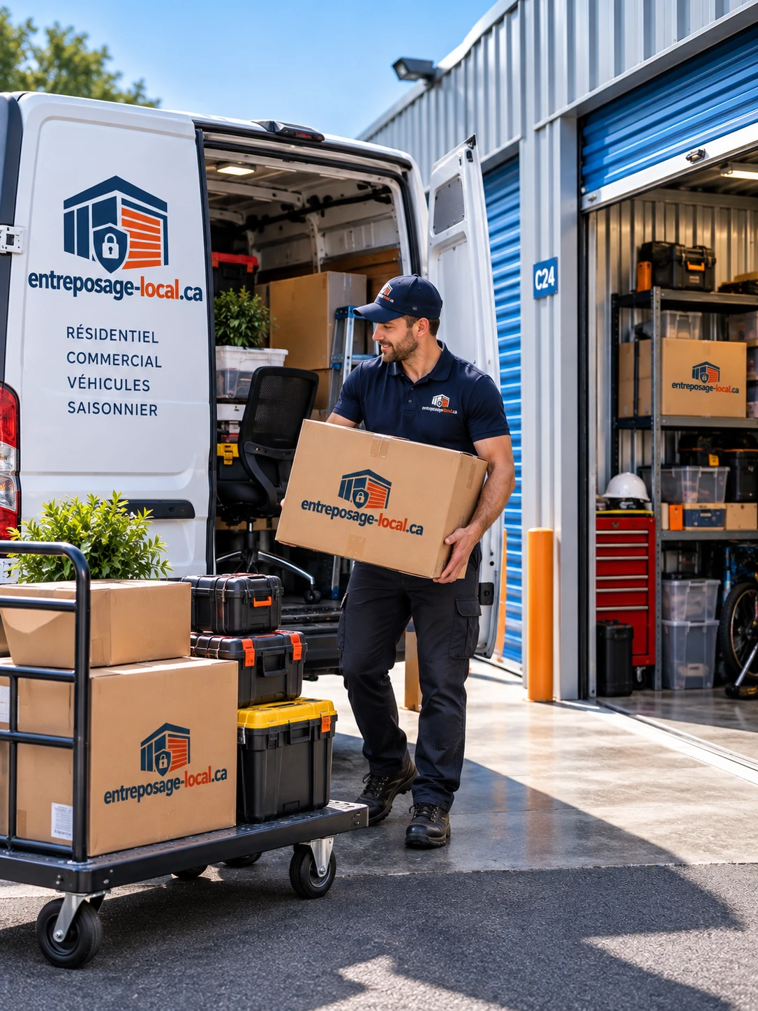 Employé transportant une boîte entre une fourgonnette et une unité d'entreposage contenant outillage, coffres et bacs